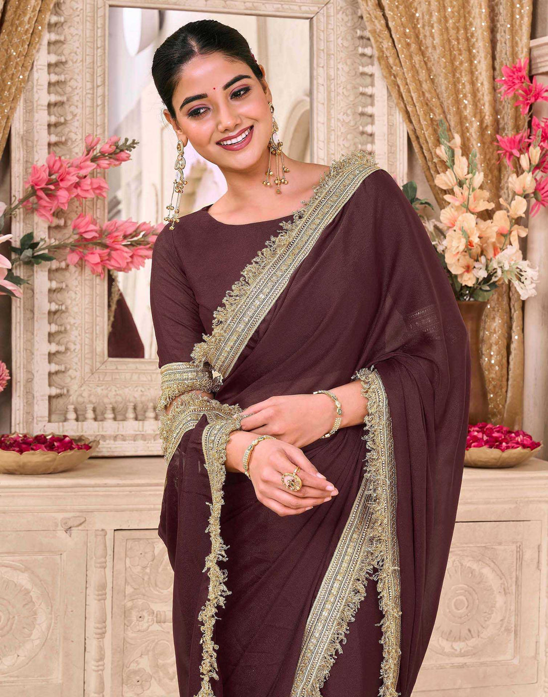 Maroon Georgette Gota Lace Saree