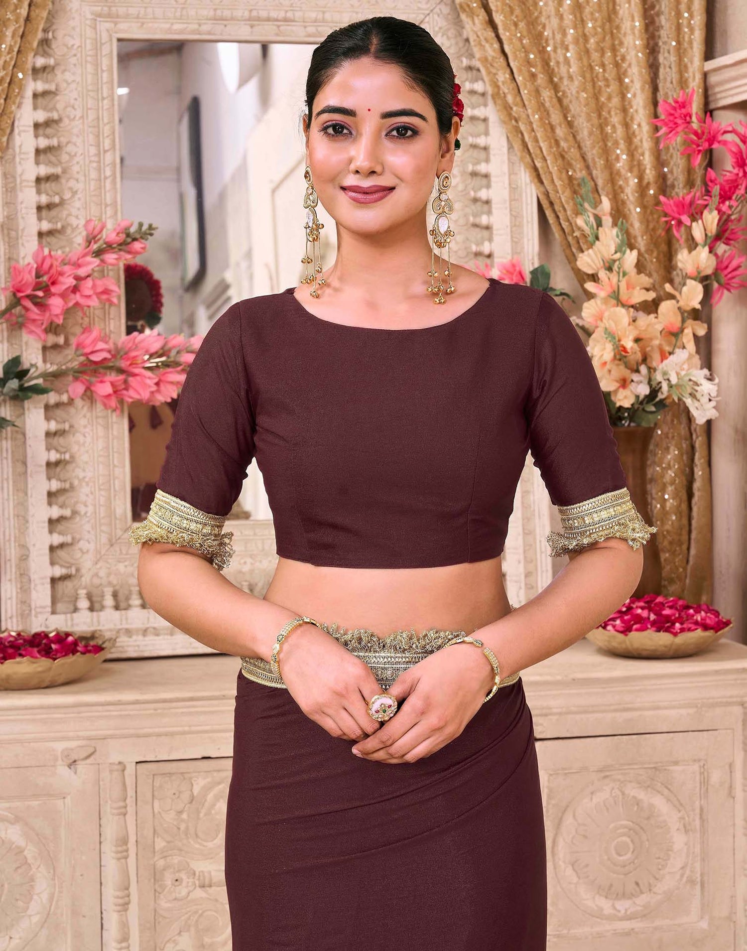 Maroon Georgette Gota Lace Saree