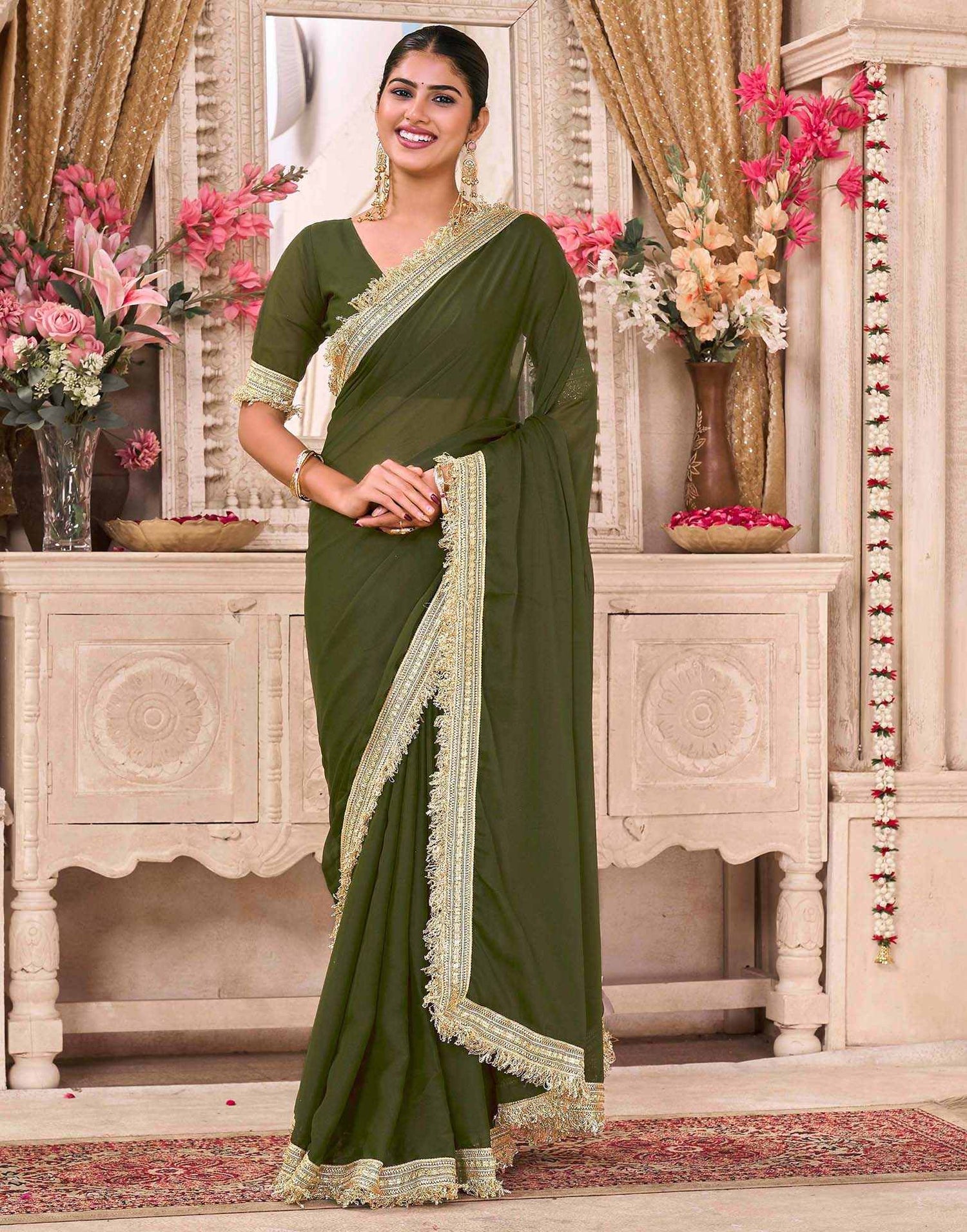 Mehandi Green Georgette Gota Lace Saree