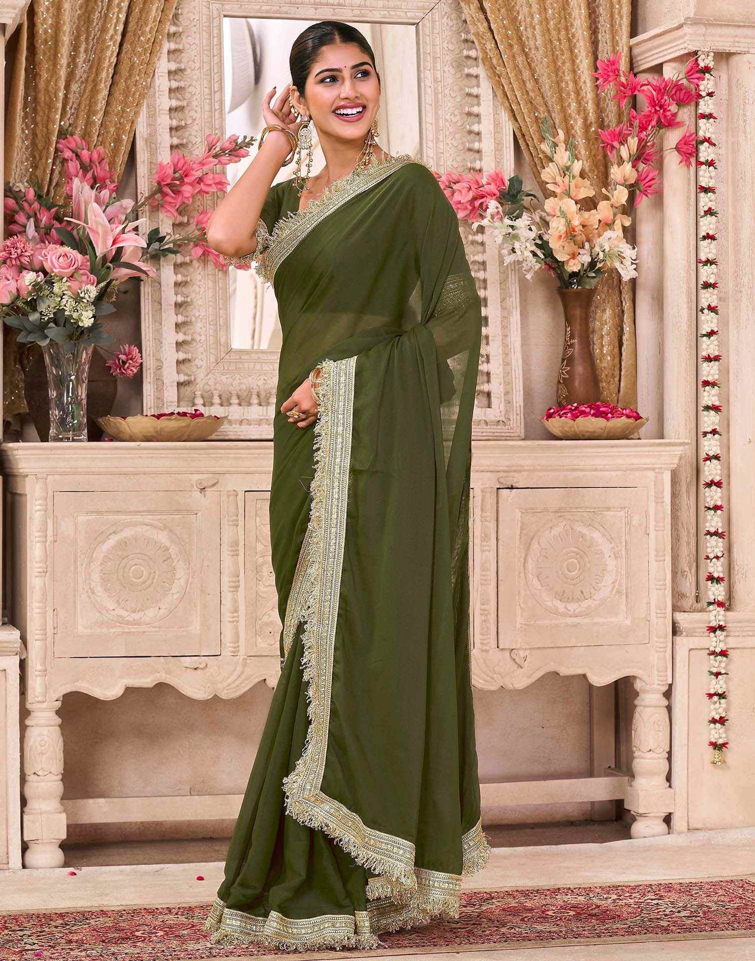 Mehandi Green Georgette Gota Lace Saree