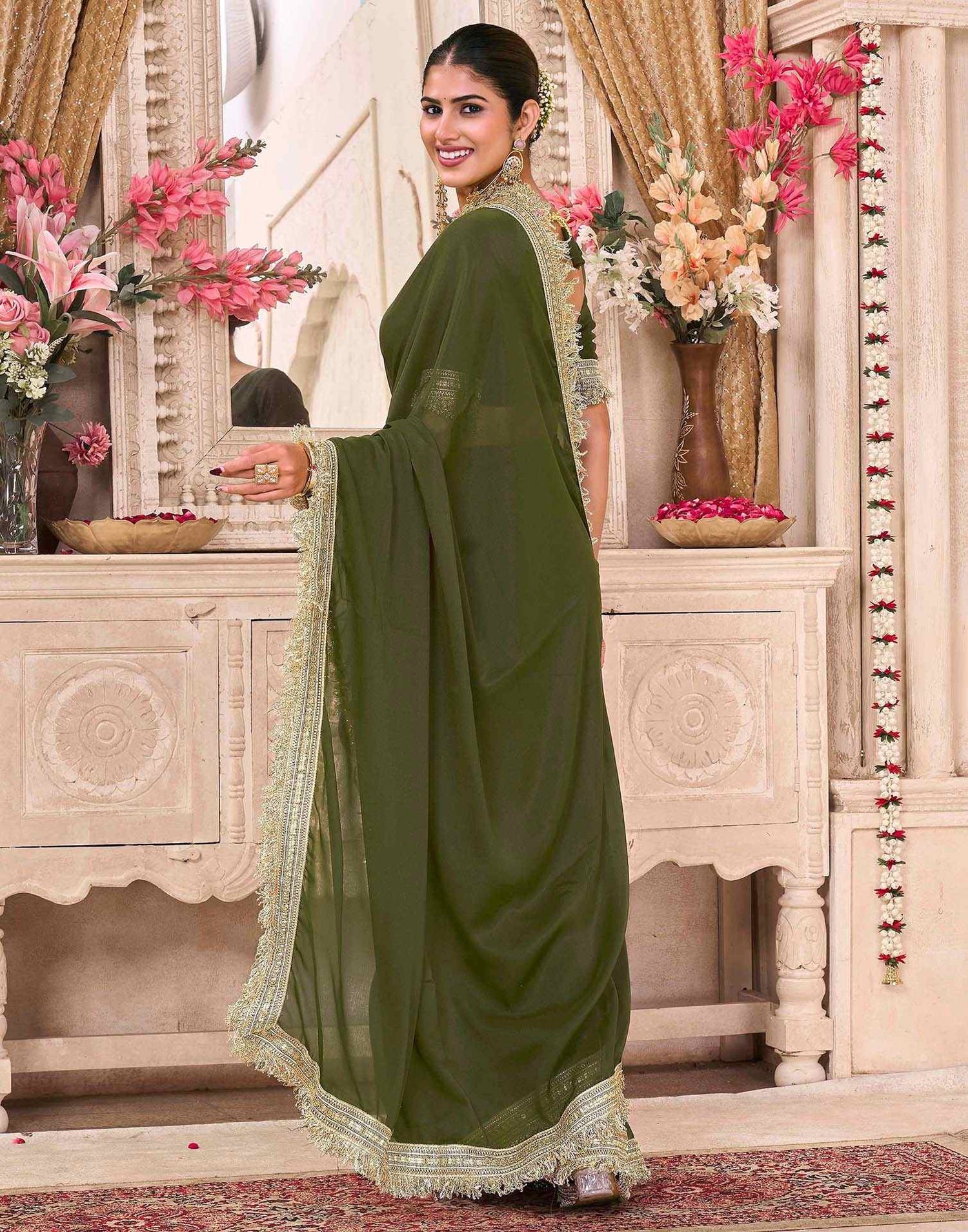 Mehandi Green Georgette Gota Lace Saree