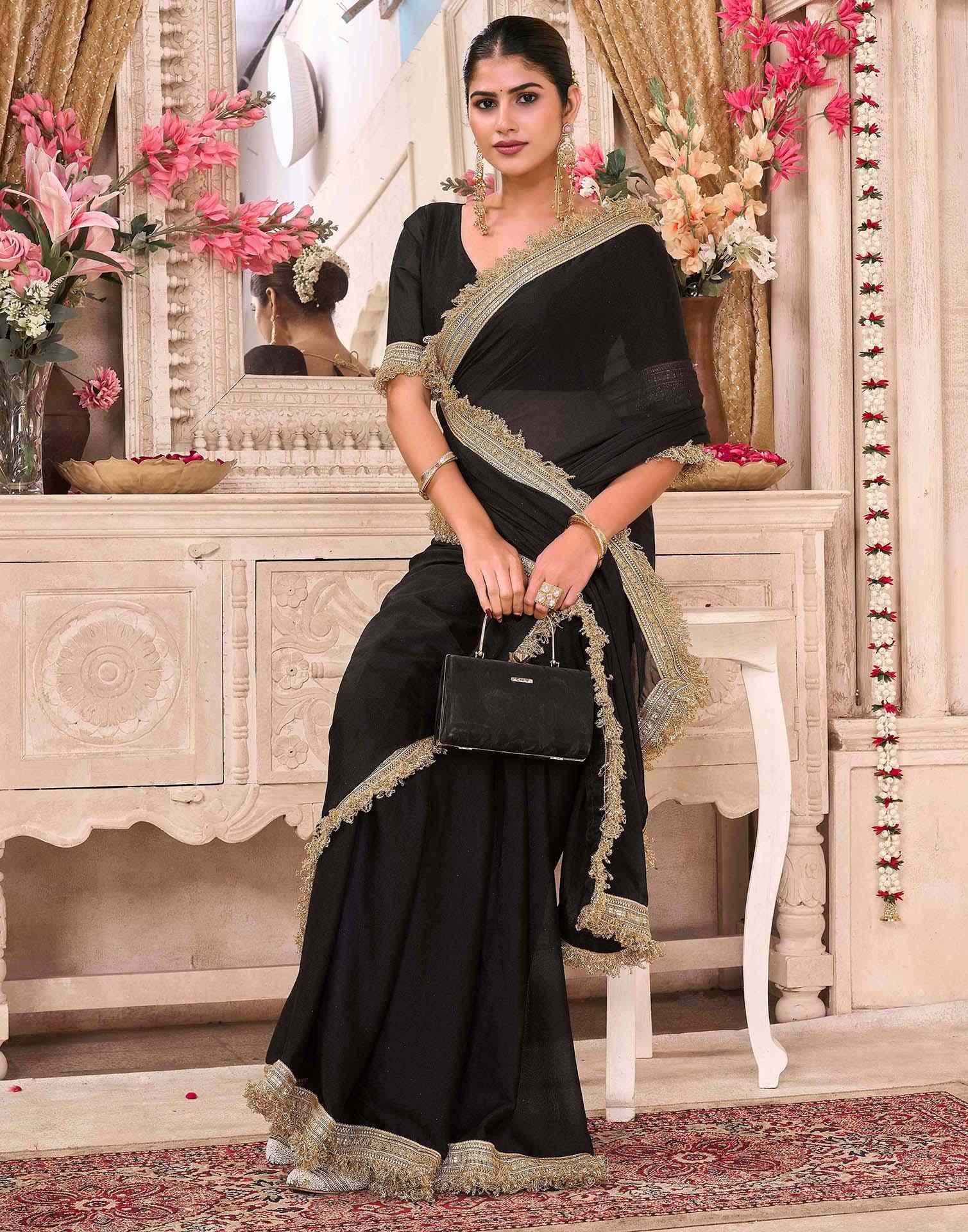 Black Georgette Gota Lace Saree
