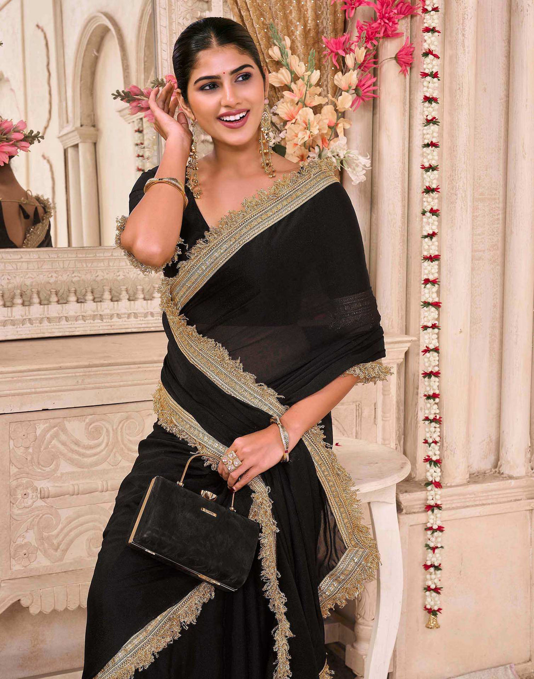 Black Georgette Gota Lace Saree