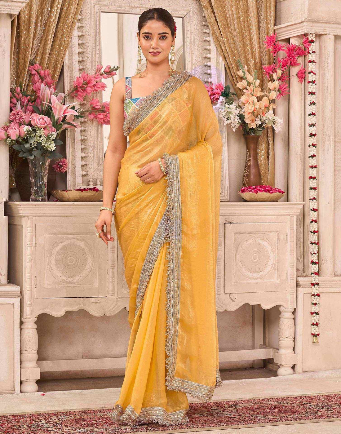 Yellow Shimmer Gota Lace Saree