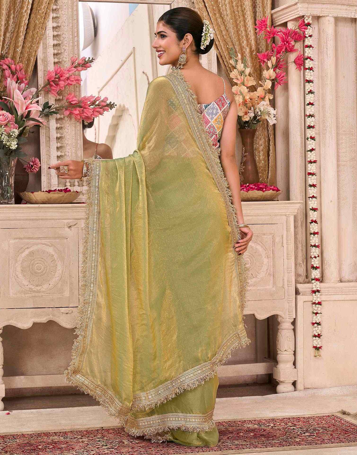 Parrot Green Shimmer Gota Lace Saree