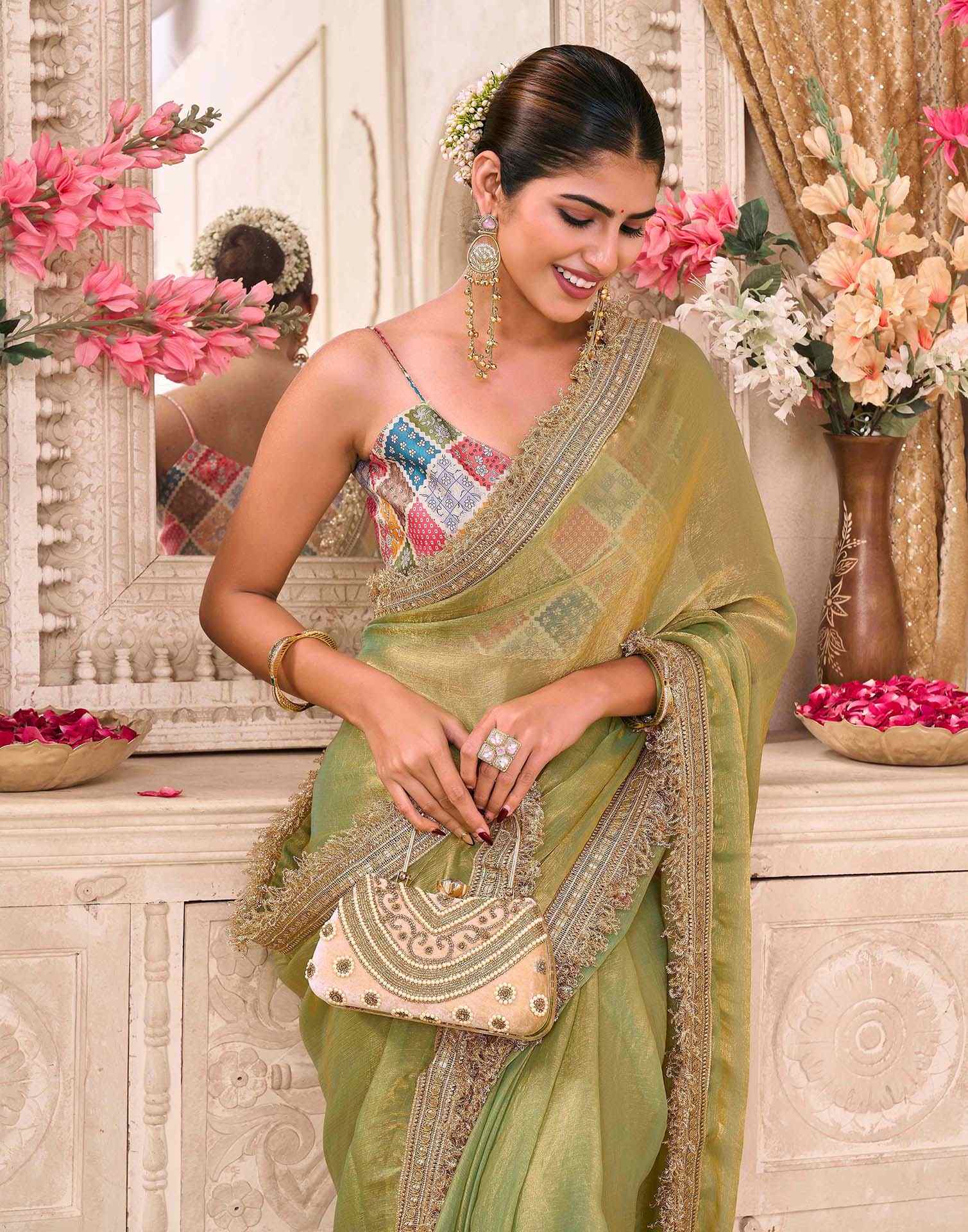 Parrot Green Shimmer Gota Lace Saree