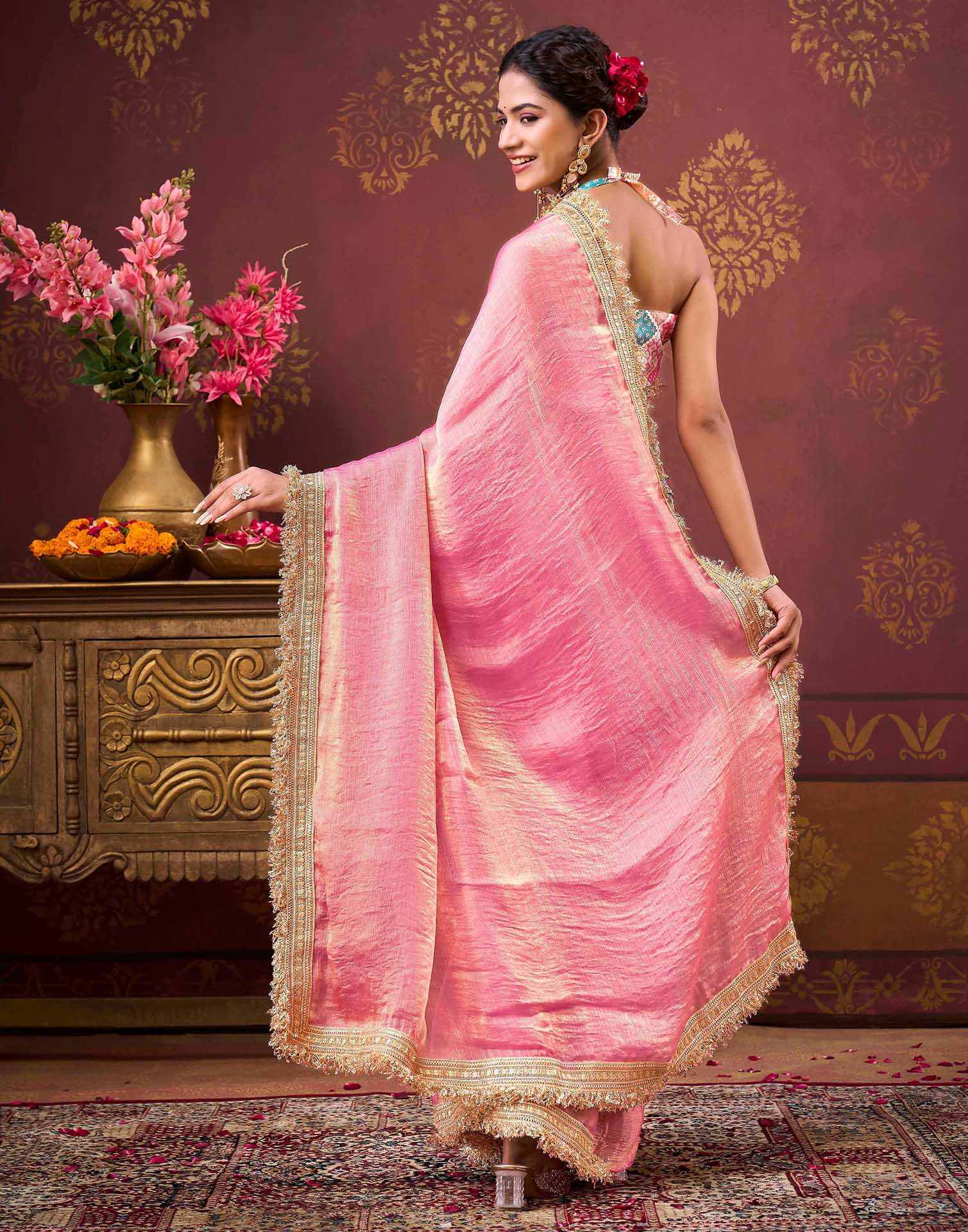 Dusty Pink Shimmer Gota Lace Saree