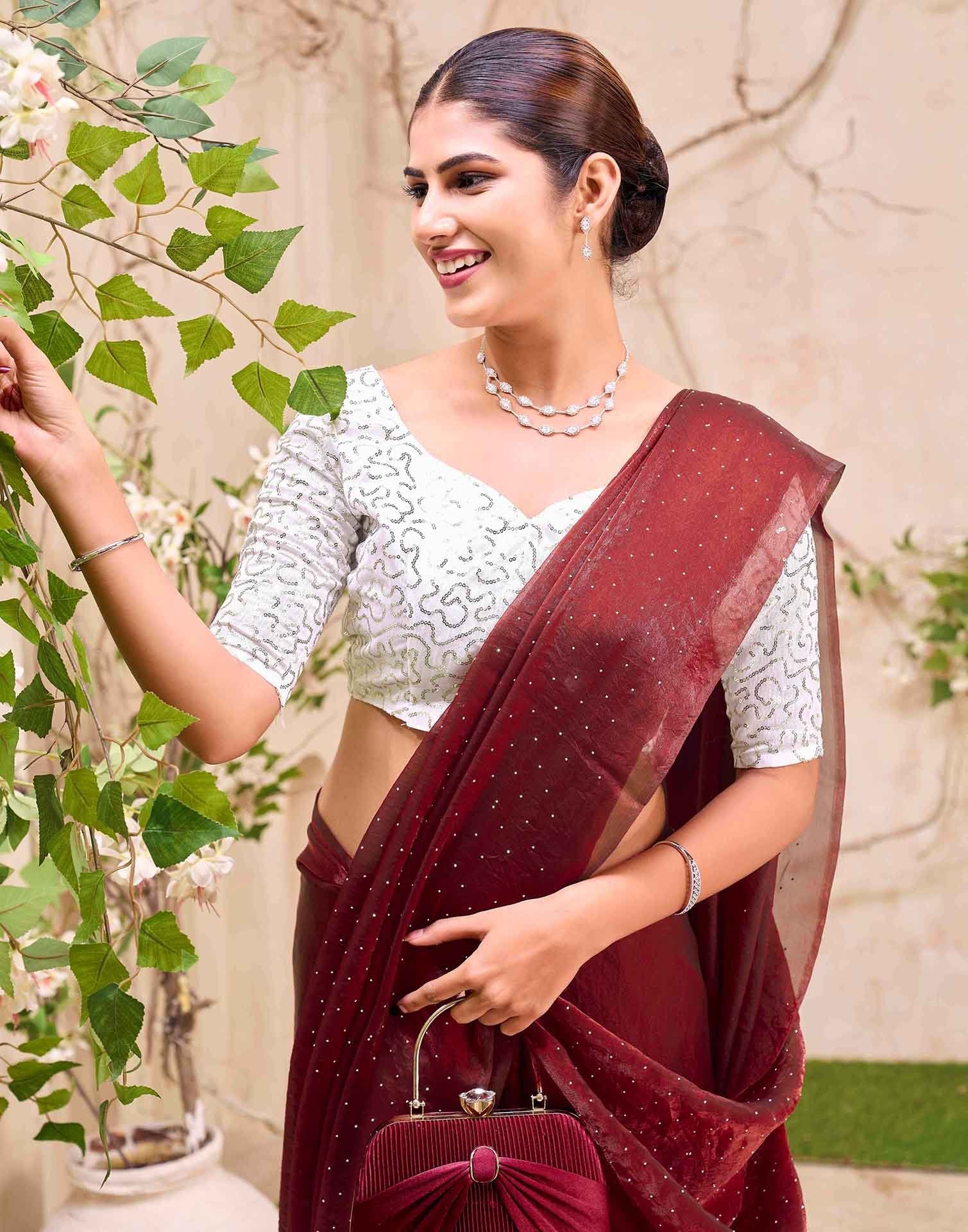 Maroon Shimmer Stone Work Swarovski Saree