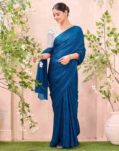 Peacock Blue Shimmer Stone Work Swarovski Saree