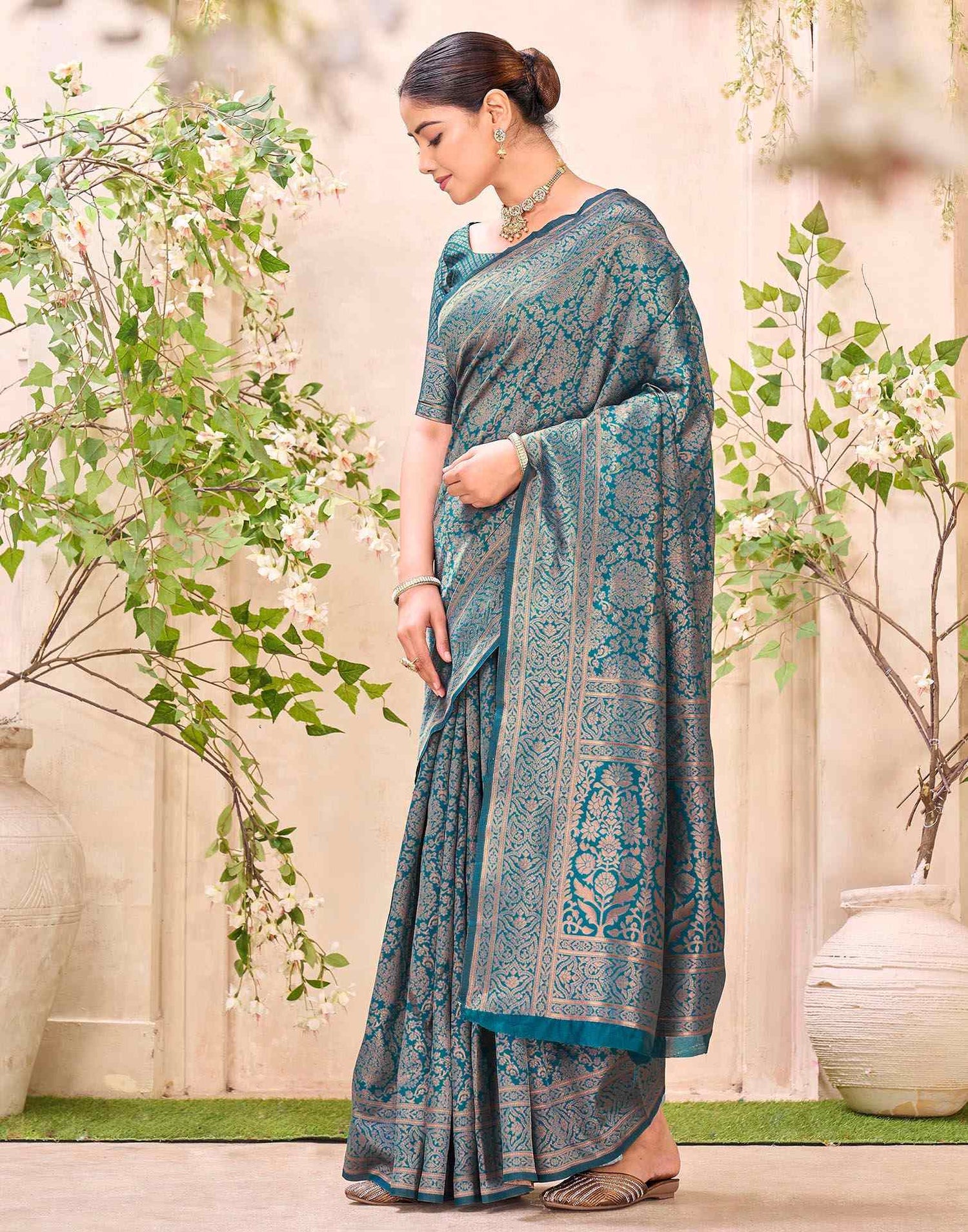 Teal Blue Silk Woven Banarasi Saree