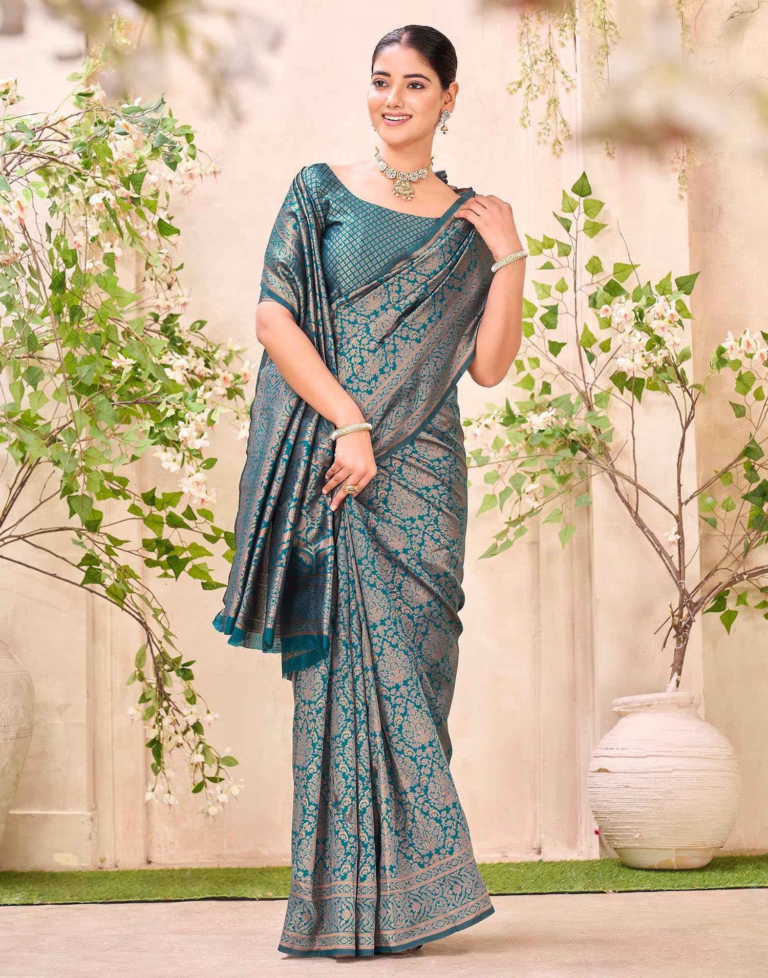 Teal Blue Silk Woven Banarasi Saree