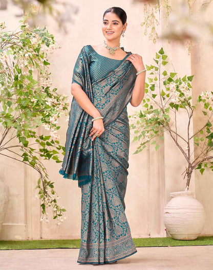 Teal Blue Silk Woven Banarasi Saree