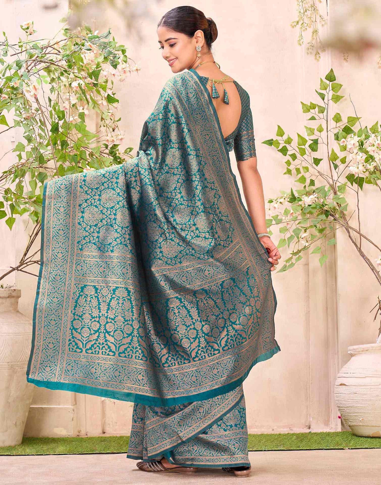 Teal Blue Silk Woven Banarasi Saree