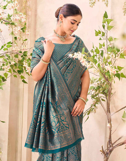 Teal Blue Silk Woven Banarasi Saree