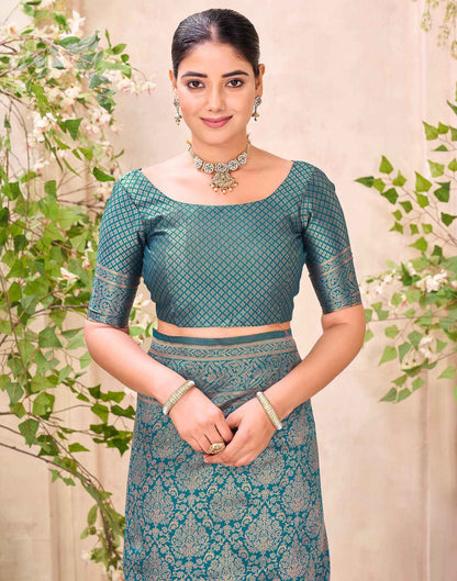 Teal Blue Silk Woven Banarasi Saree