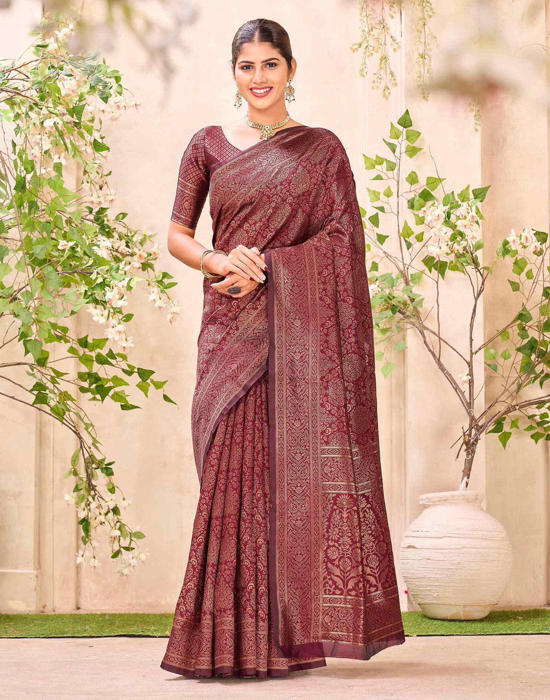 Maroon Silk Woven Banarasi Saree