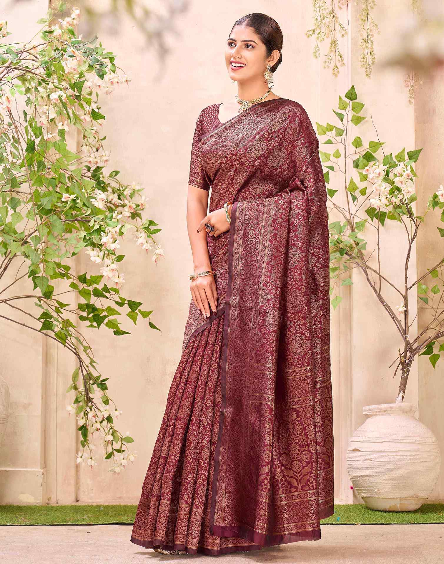 Maroon Silk Woven Banarasi Saree