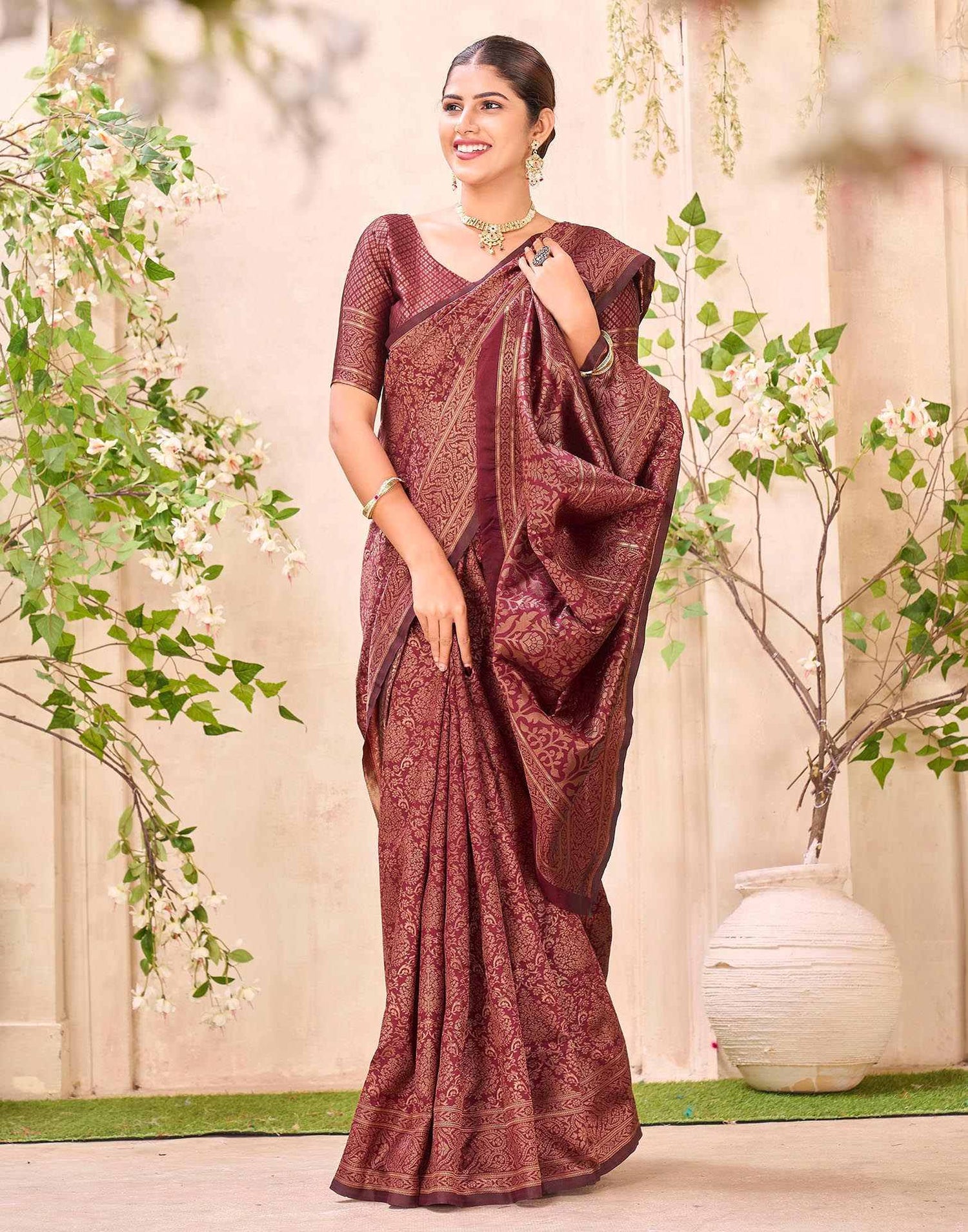 Maroon Silk Woven Banarasi Saree