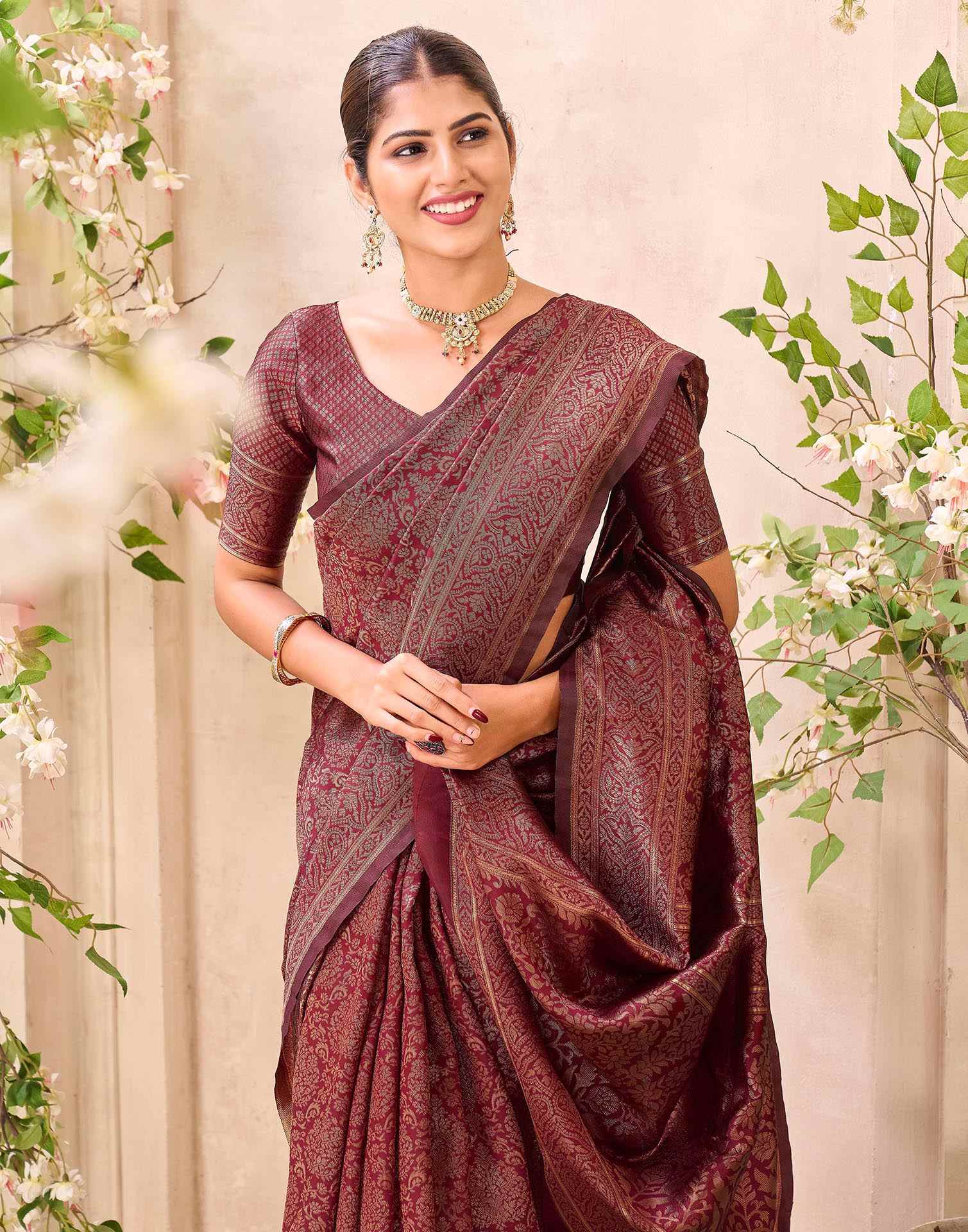 Maroon Silk Woven Banarasi Saree