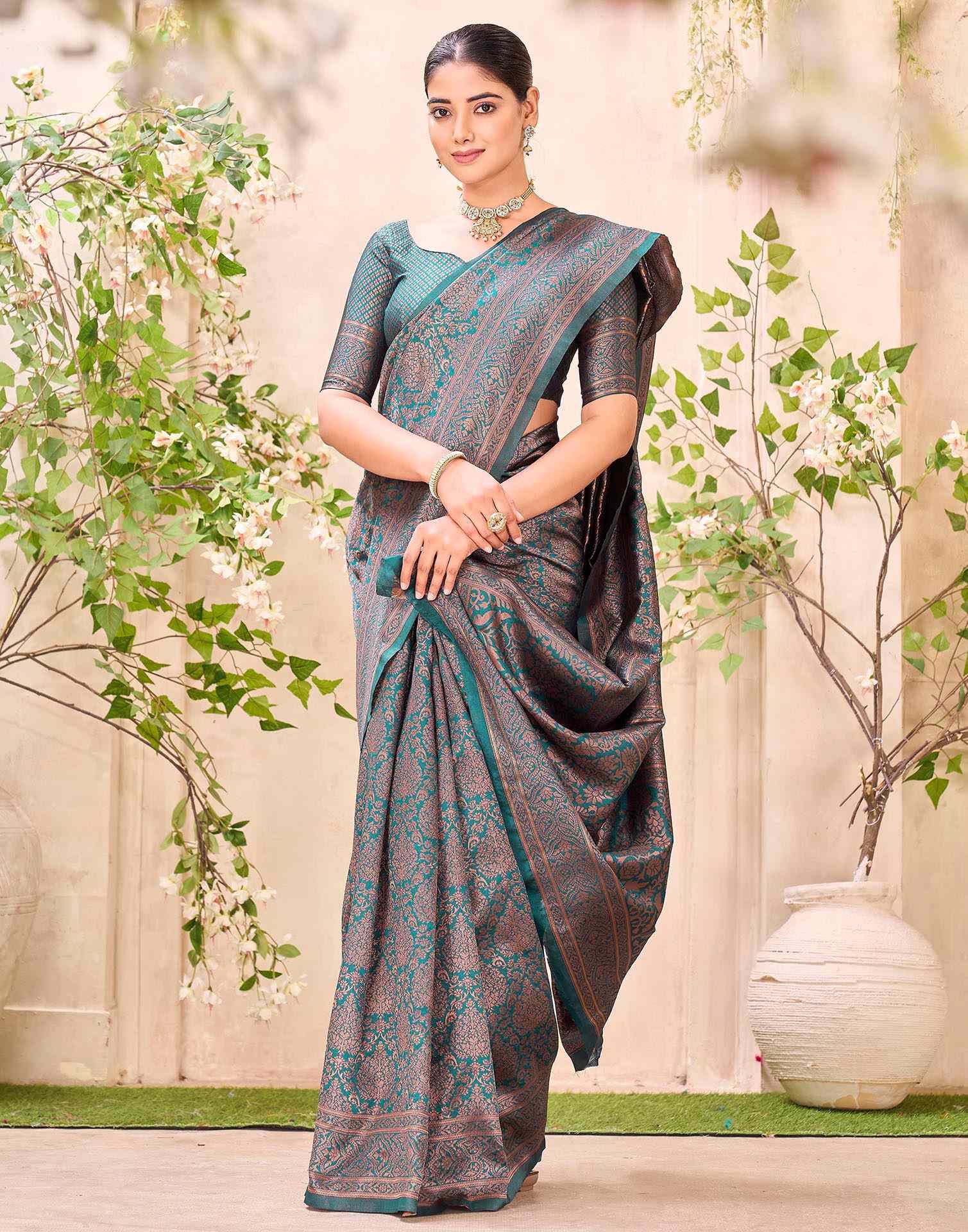 Teal Green Silk Woven Banarasi Saree