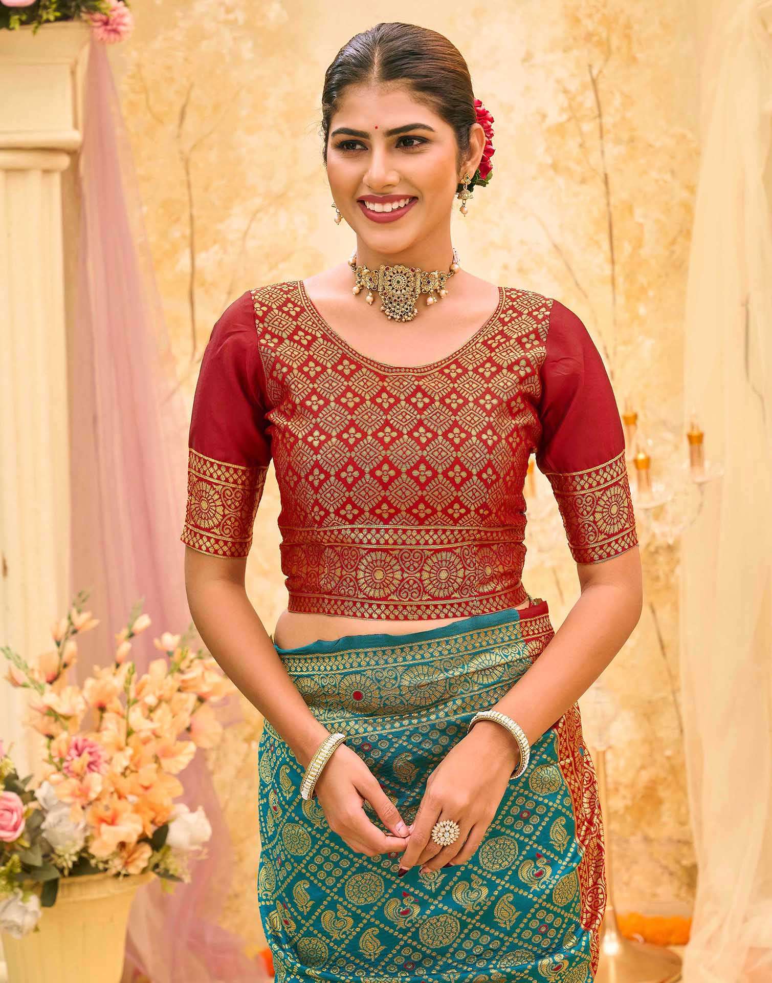 Teal Green Silk Woven Banarasi Saree