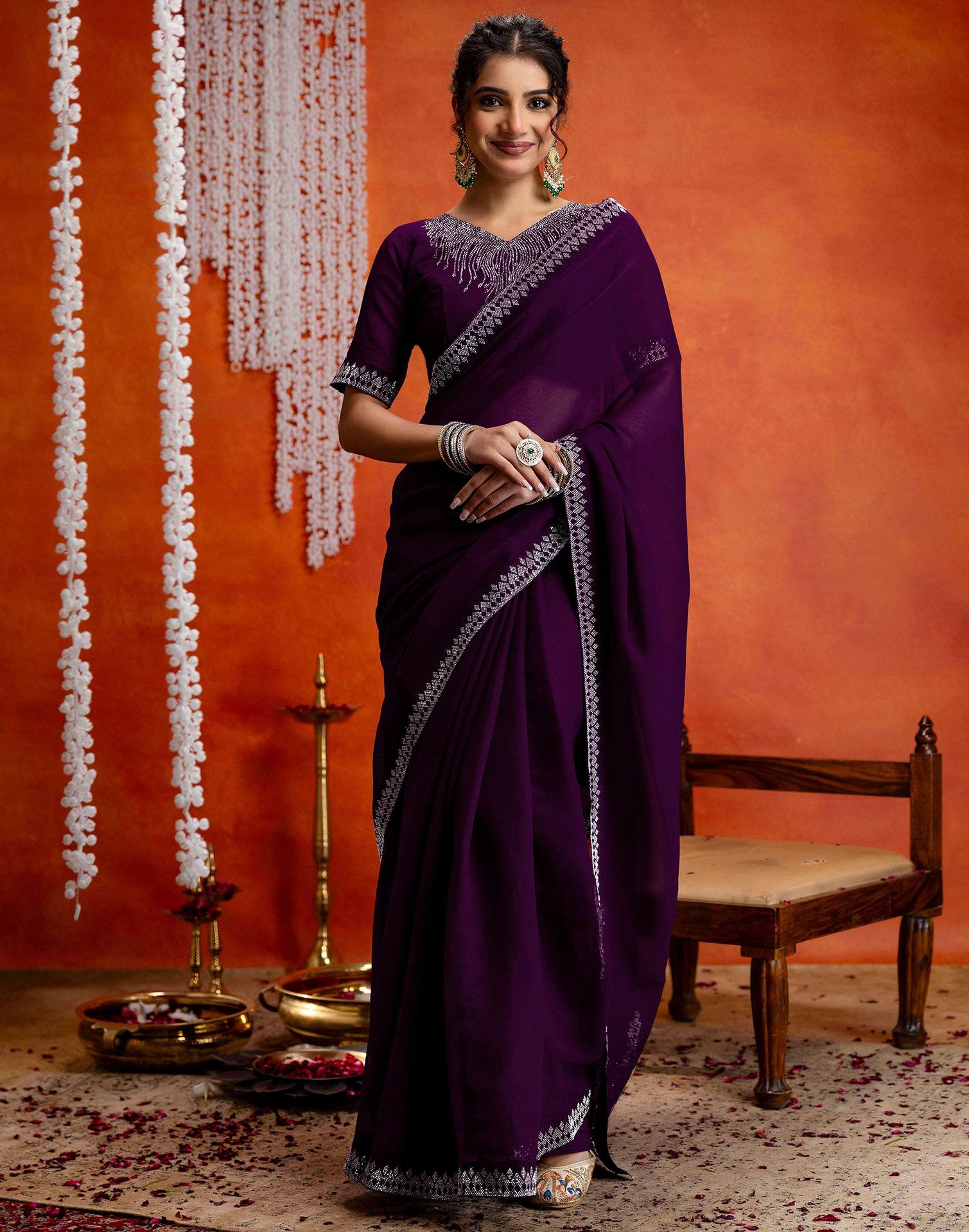 Wine Shimmer Stone Work Swarovski Saree