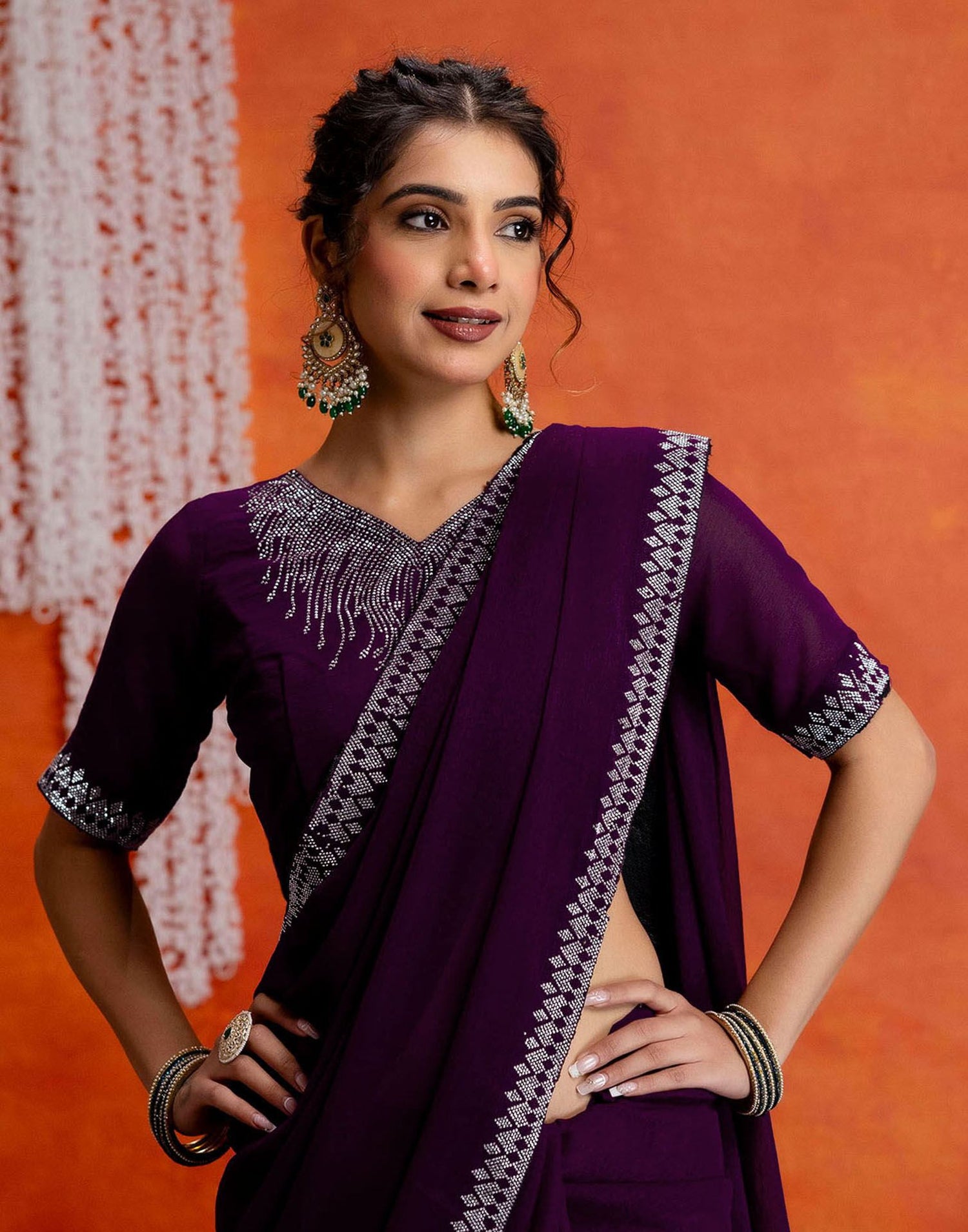 Wine Shimmer Stone Work Swarovski Saree