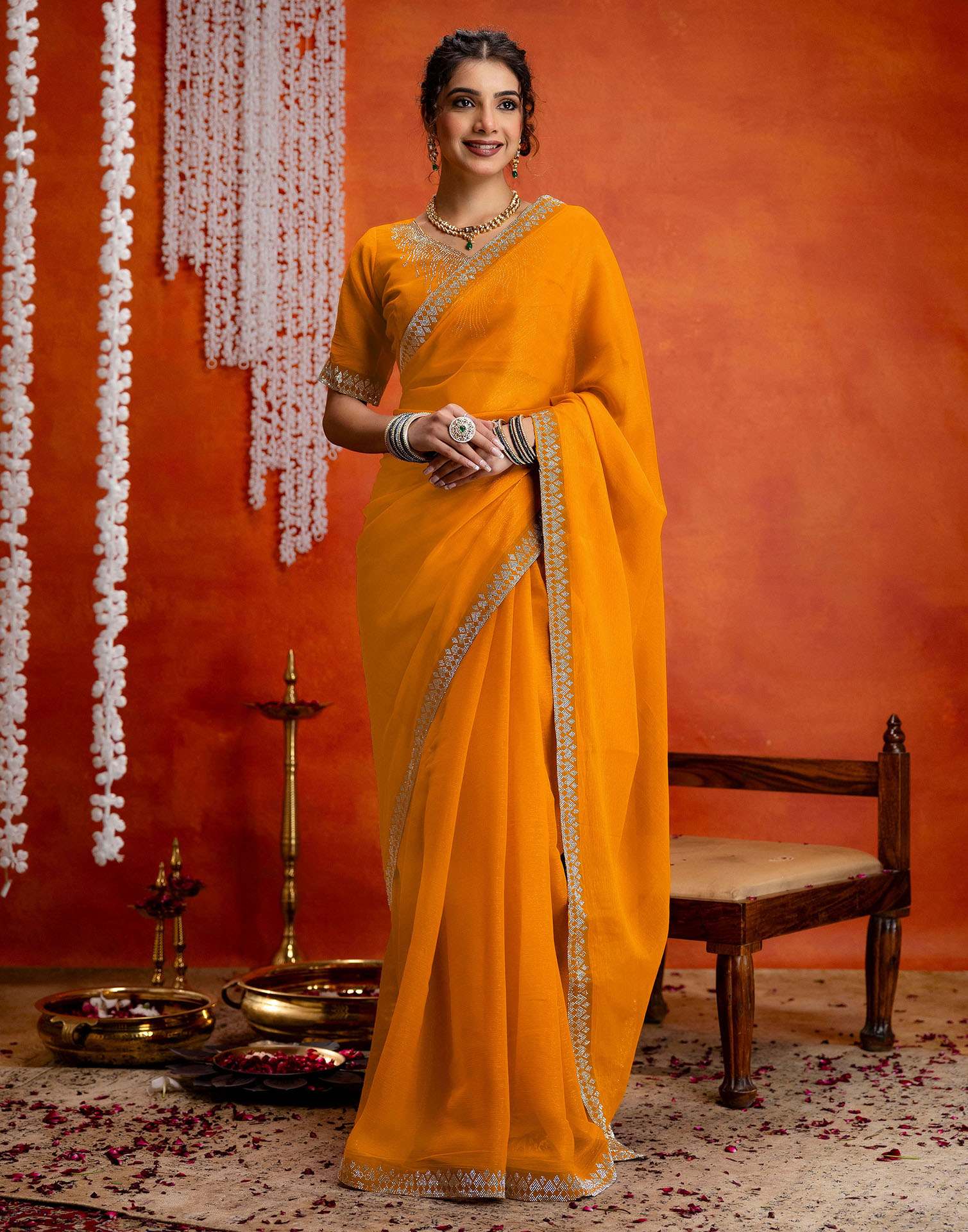Yellow Shimmer Stone Work Swarovski Saree