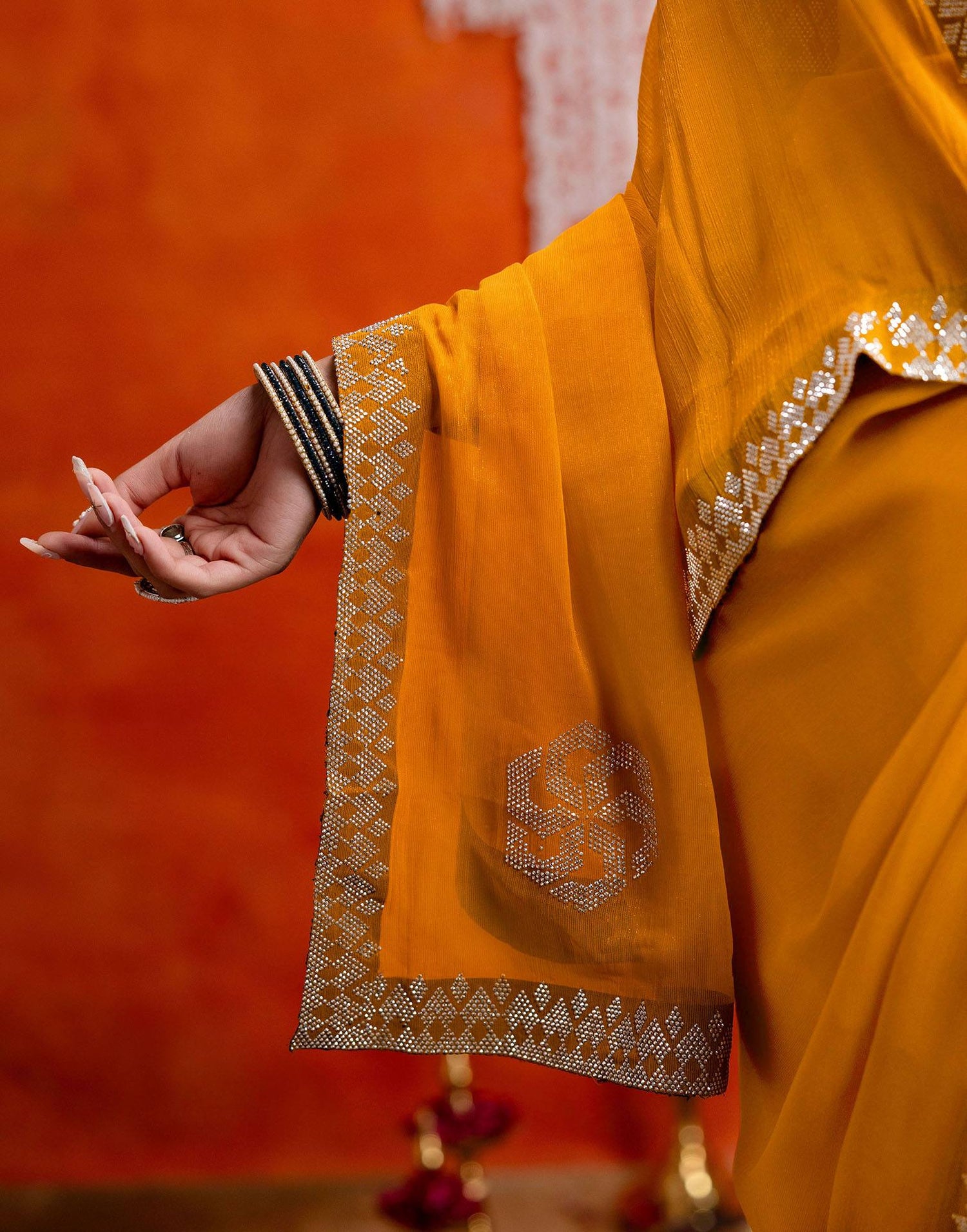 Yellow Shimmer Stone Work Swarovski Saree