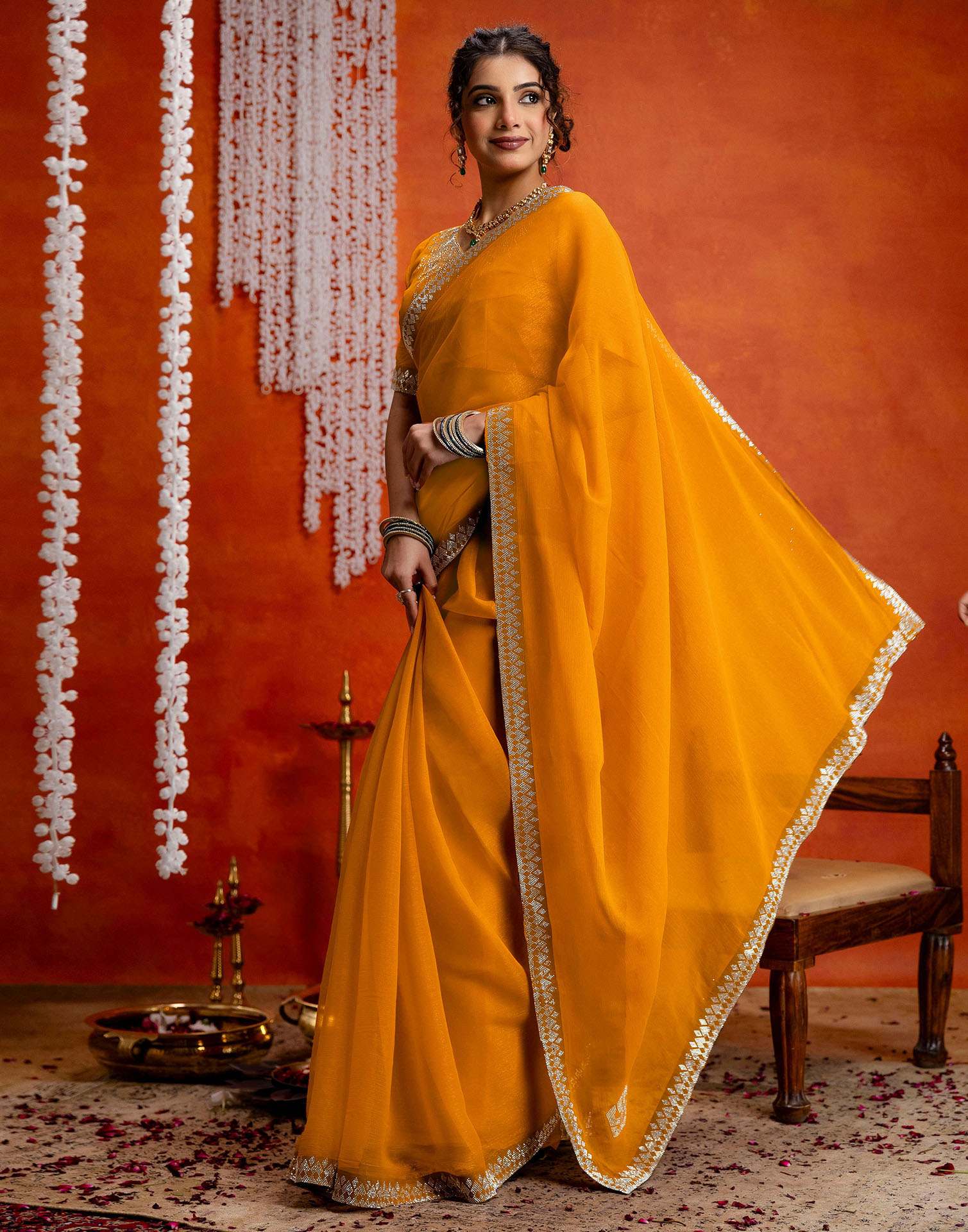 Yellow Shimmer Stone Work Swarovski Saree