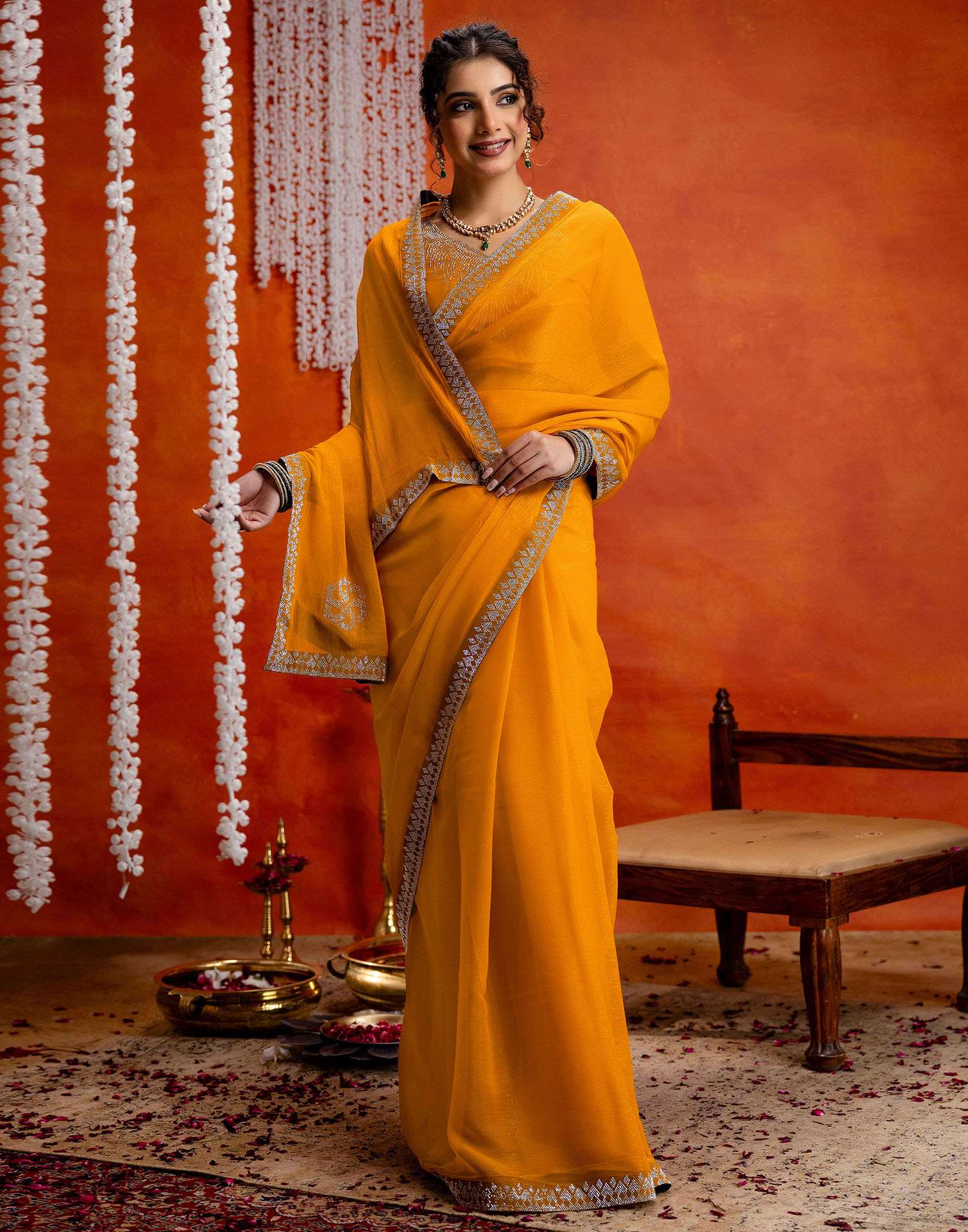 Yellow Shimmer Stone Work Swarovski Saree