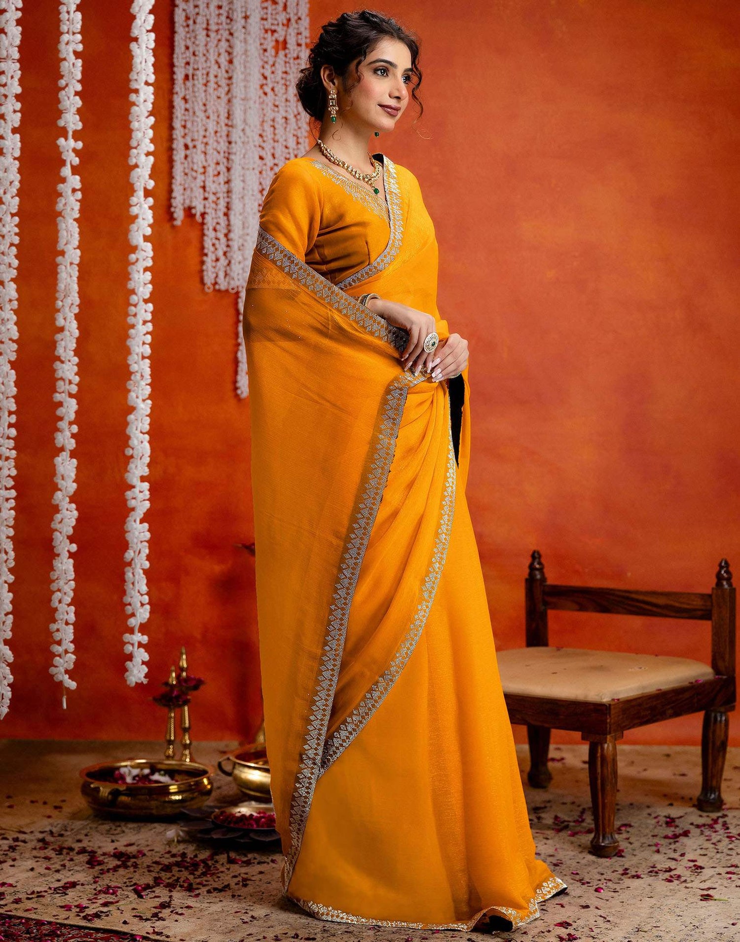 Yellow Shimmer Stone Work Swarovski Saree