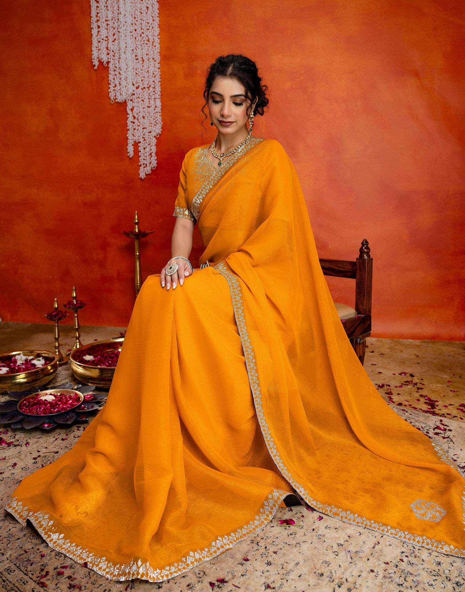 Yellow Shimmer Stone Work Swarovski Saree