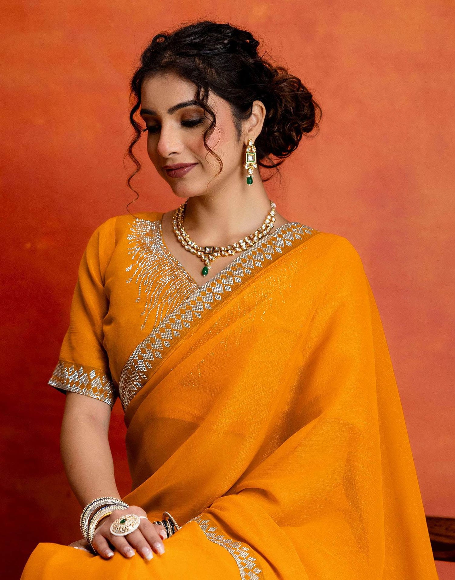 Yellow Shimmer Stone Work Swarovski Saree