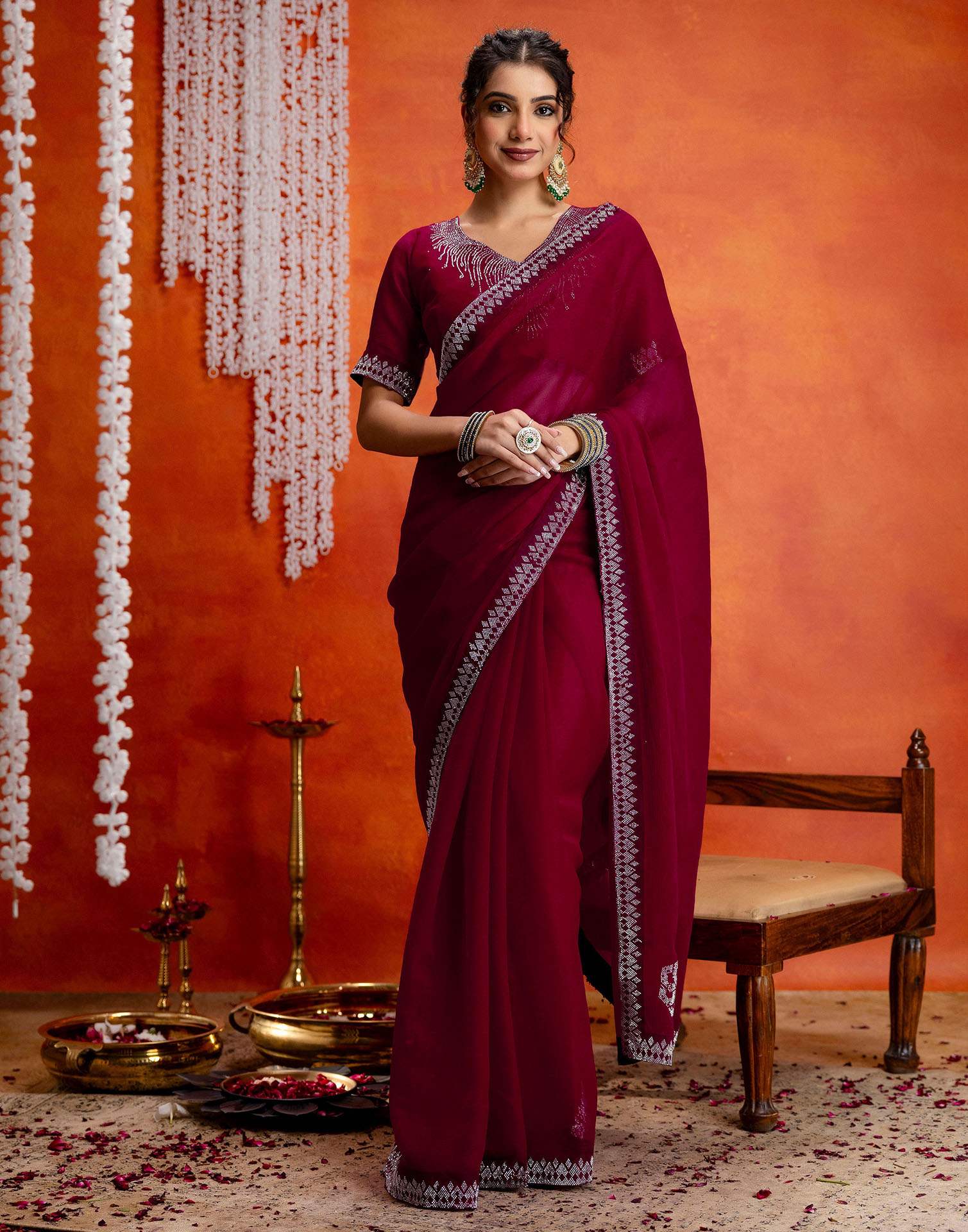 Dark Rani Pink Shimmer Stone Work Swarovski Saree