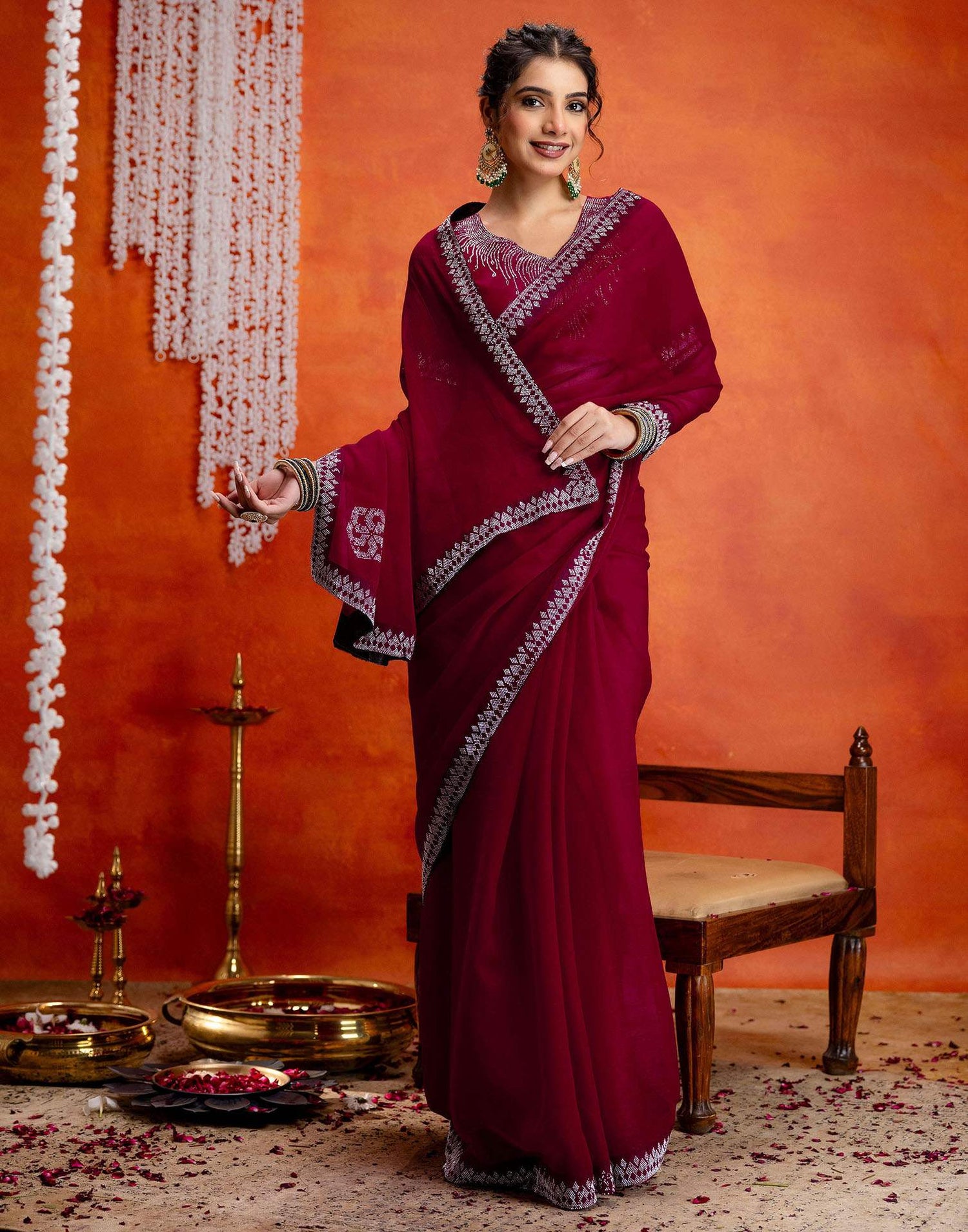 Dark Rani Pink Shimmer Stone Work Swarovski Saree