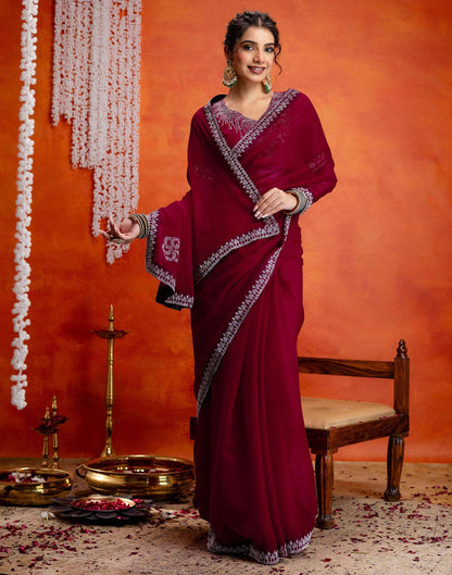 Dark Rani Pink Shimmer Stone Work Swarovski Saree