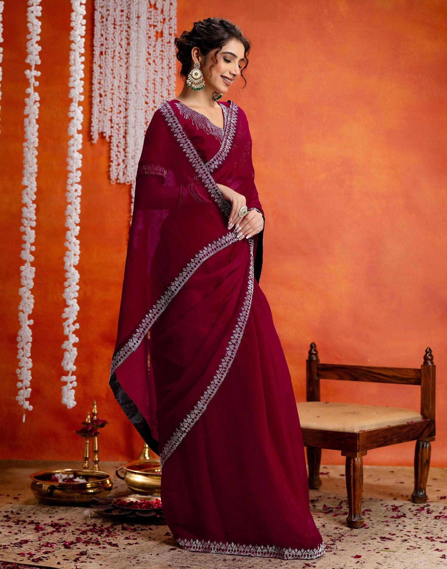 Dark Rani Pink Shimmer Stone Work Swarovski Saree