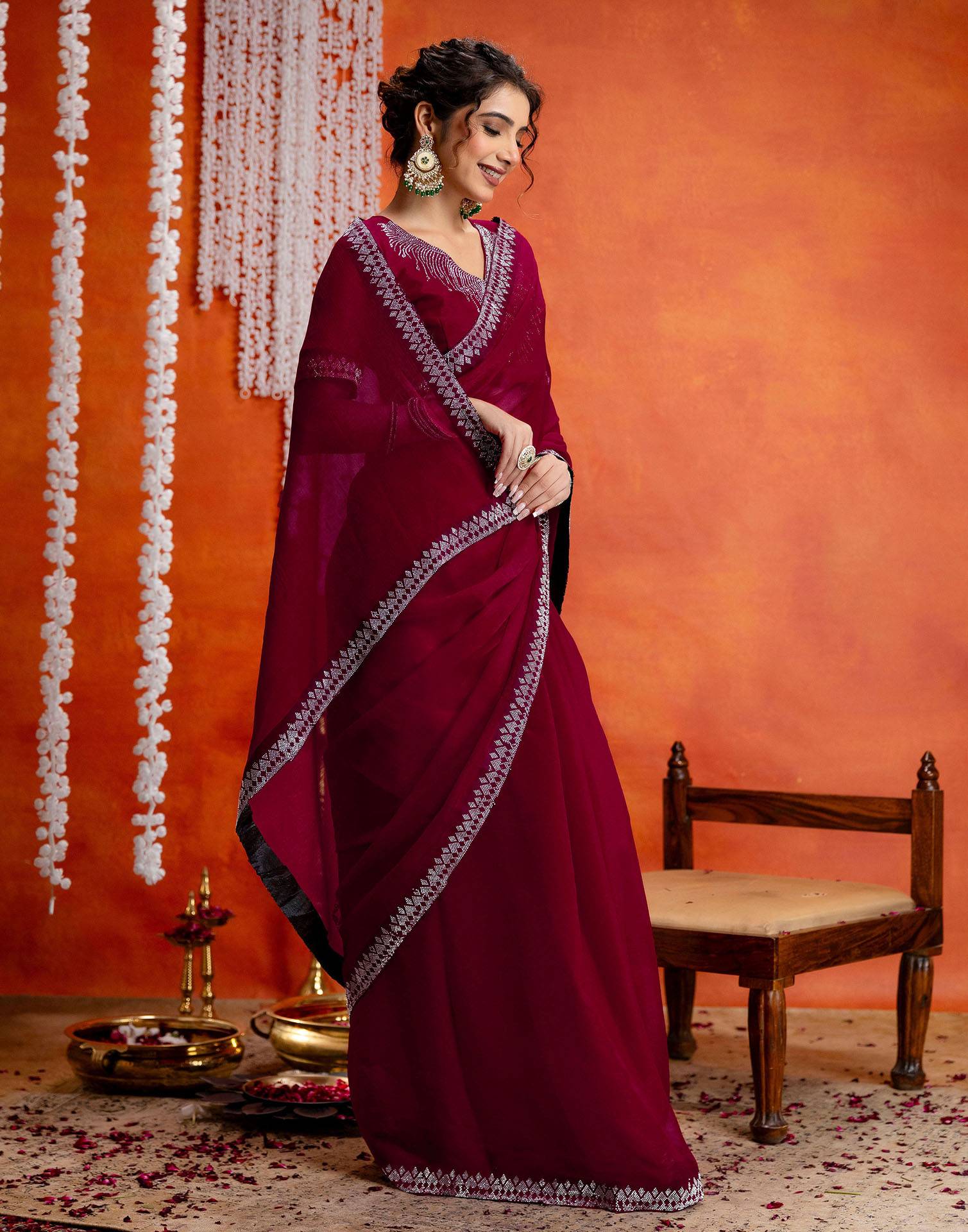 Dark Rani Pink Shimmer Stone Work Swarovski Saree