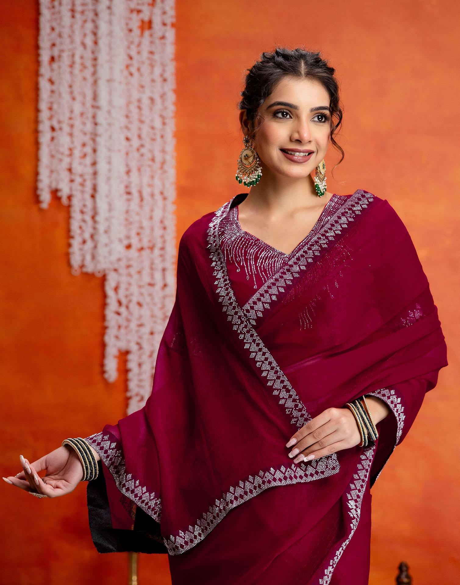 Dark Rani Pink Shimmer Stone Work Swarovski Saree