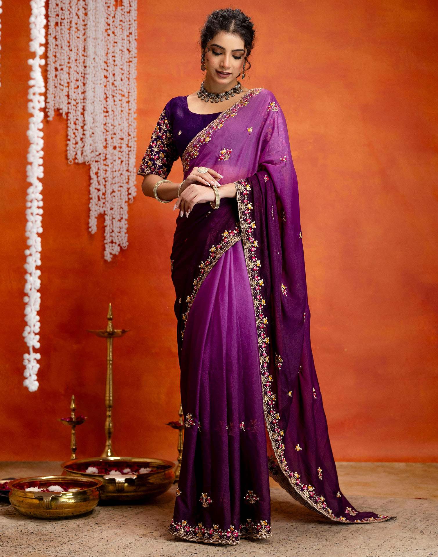 Purple Shimmer Embroidery Saree