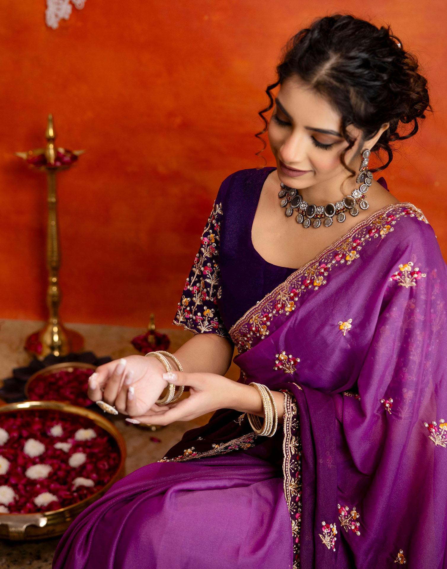 Purple Shimmer Embroidery Saree