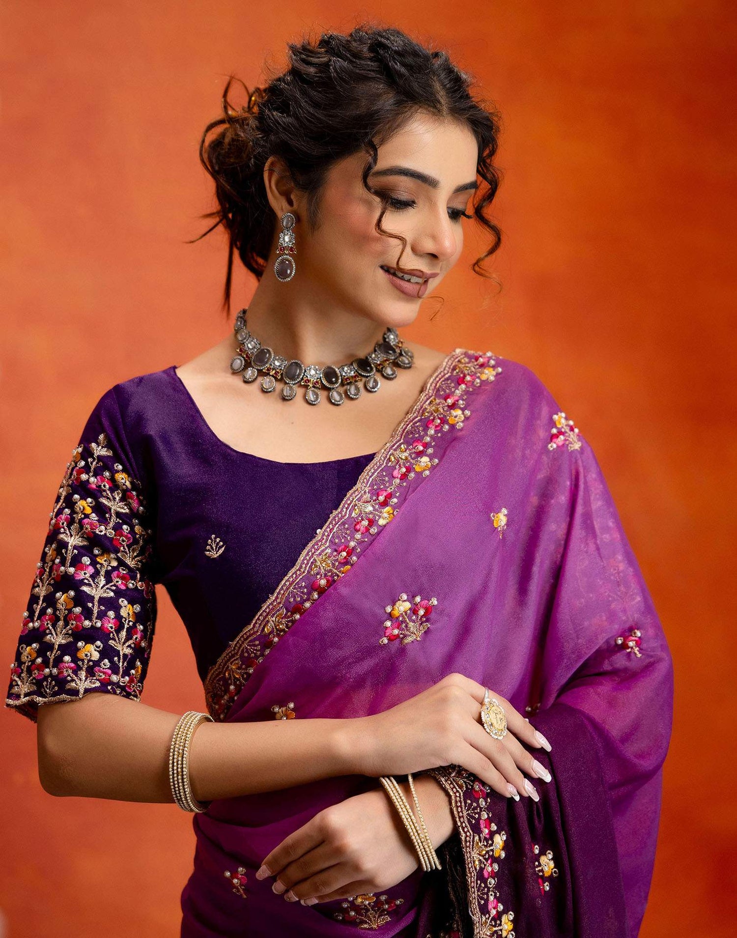 Purple Shimmer Embroidery Saree