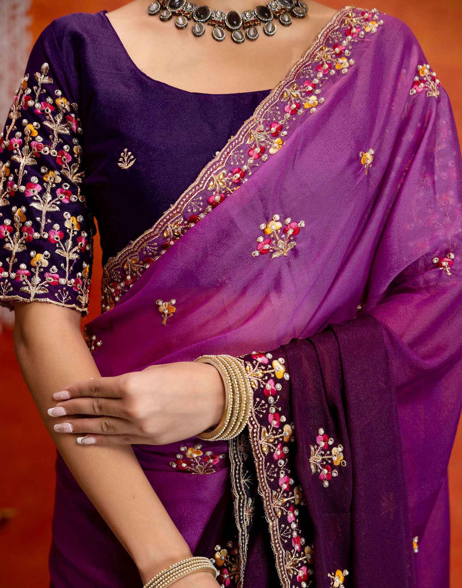 Purple Shimmer Embroidery Saree