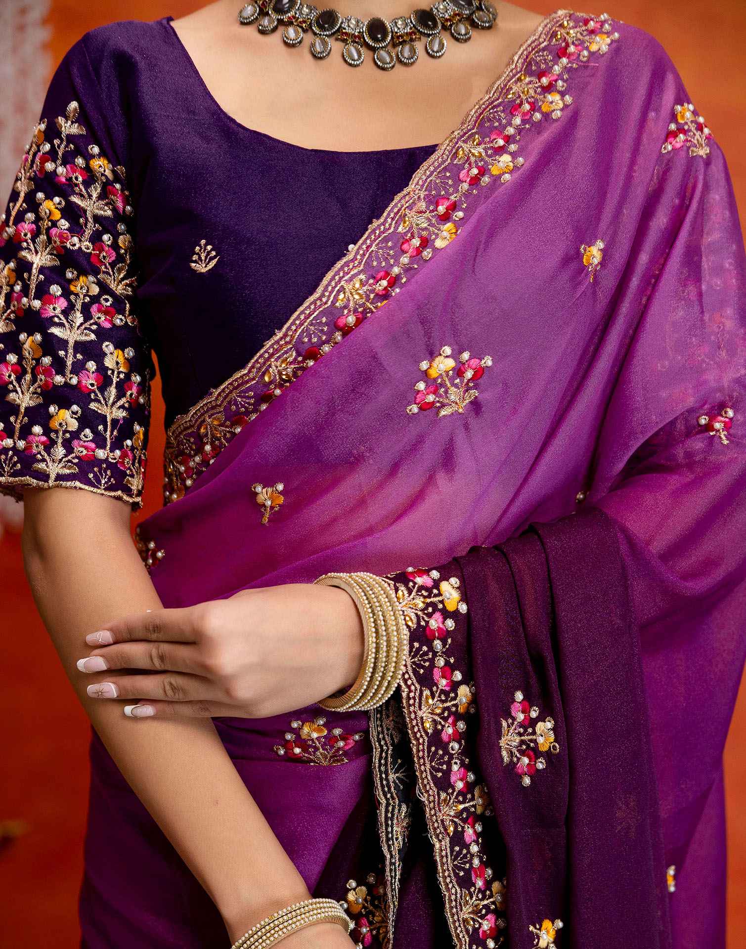Purple Shimmer Embroidery Saree