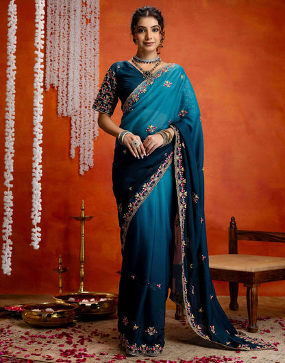 Teal Blue Shimmer Embroidery Saree