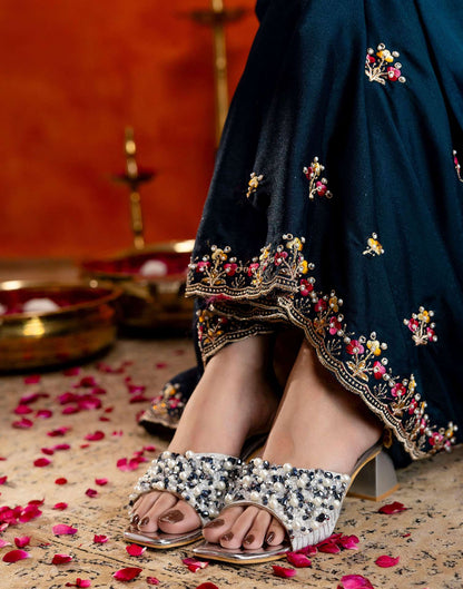 Teal Blue Shimmer Embroidery Saree