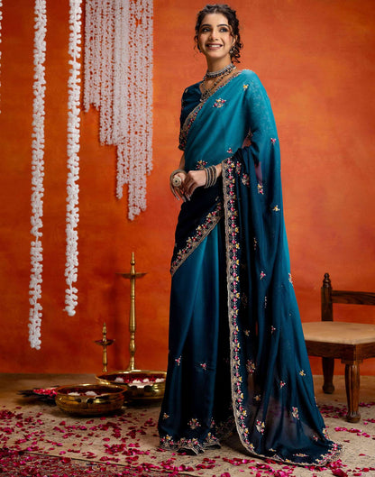 Teal Blue Shimmer Embroidery Saree