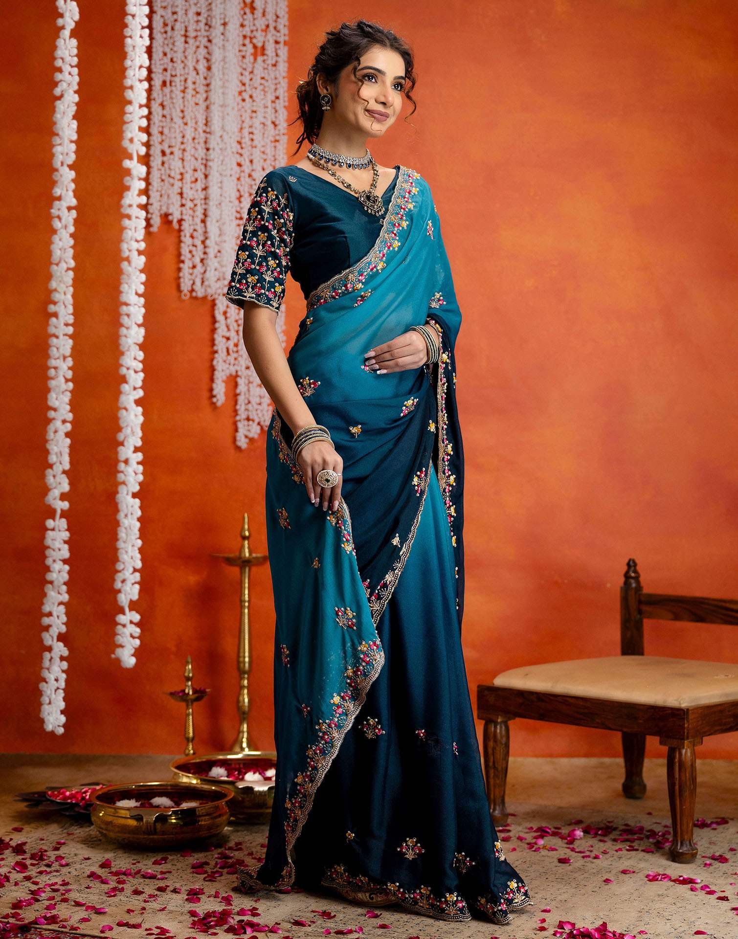 Teal Blue Shimmer Embroidery Saree