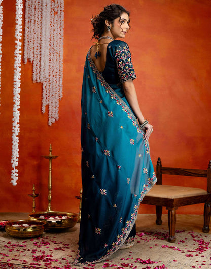 Teal Blue Shimmer Embroidery Saree